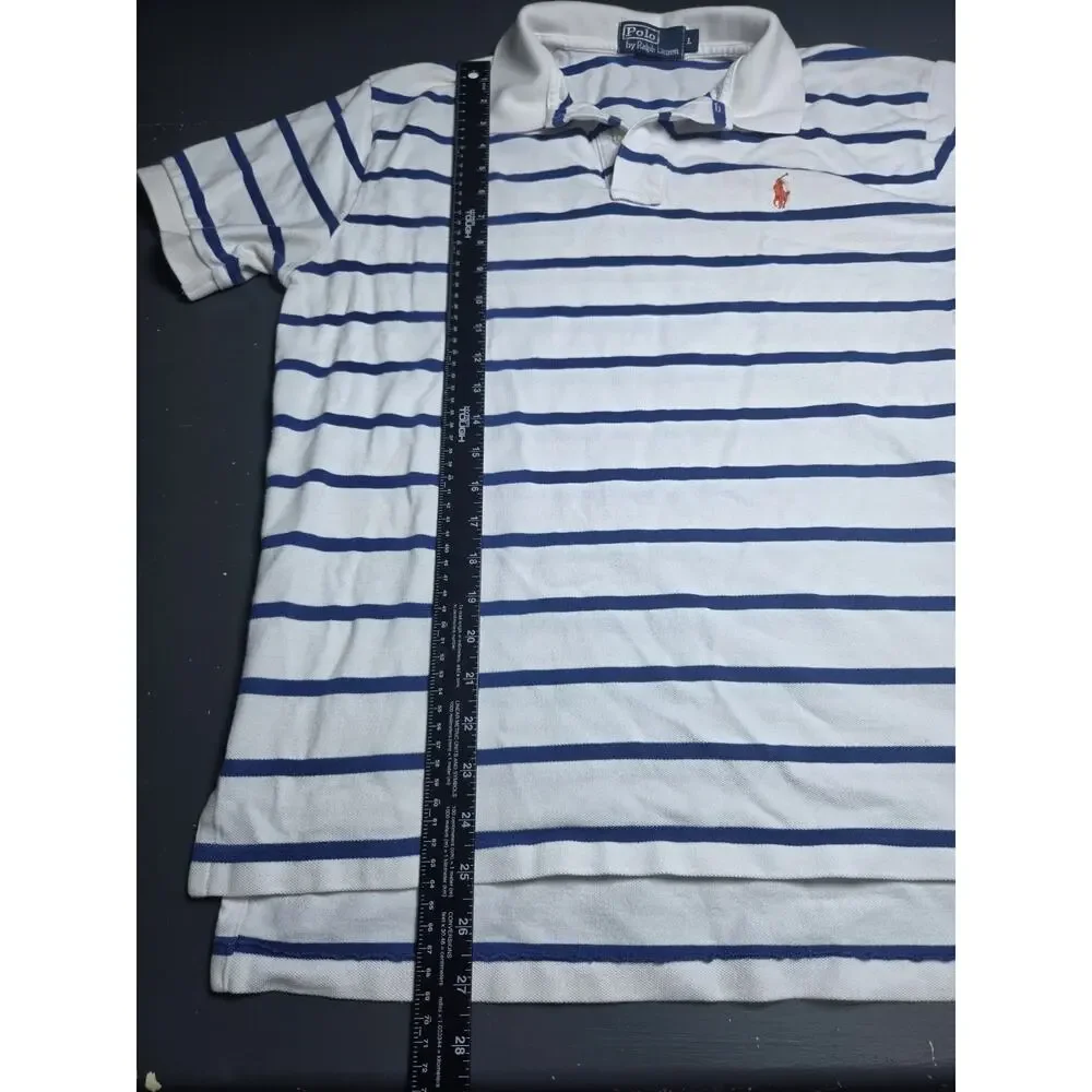 Polo Ralph Lauren Mens Large White Blue Striped Pony Polo Shirt Cotton Classic